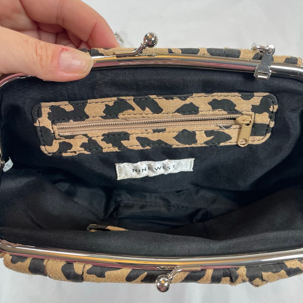 Nine West Leopard Print Faux Suede Pouch Clutch Bag Tan Black Chain Strap - Picture 4 of 8
